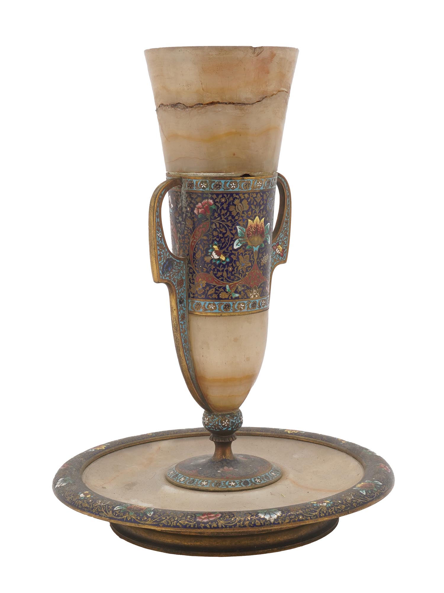 FRENCH CLOISONNE ENAMEL ONYX KIDDUSH CUP W STAND PIC-2